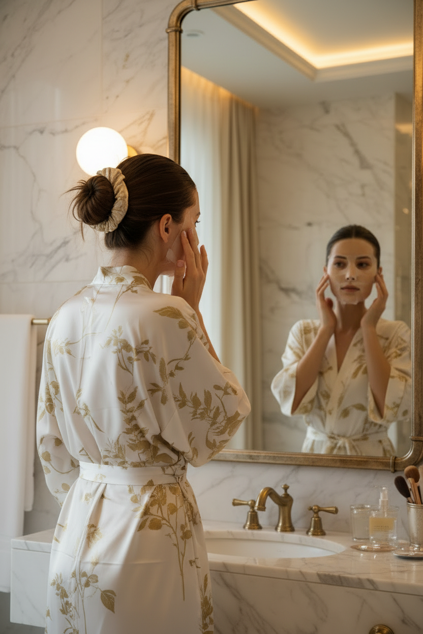 Woman doing a face sheet mask in a luxury bathroom mirror, zoomed in